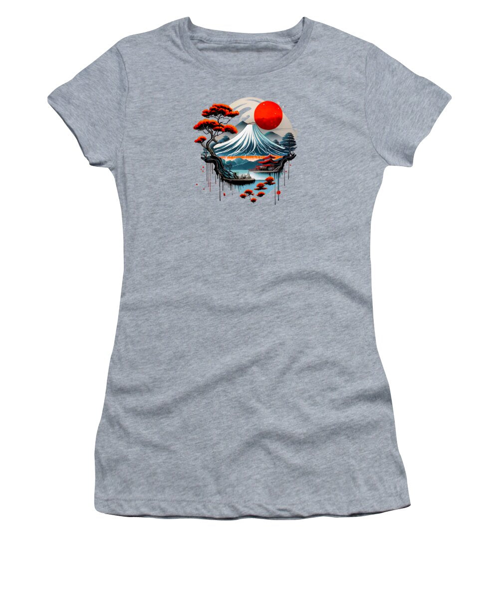 Heather gray women's T-shirt with Mount Fuji graphic and red sun