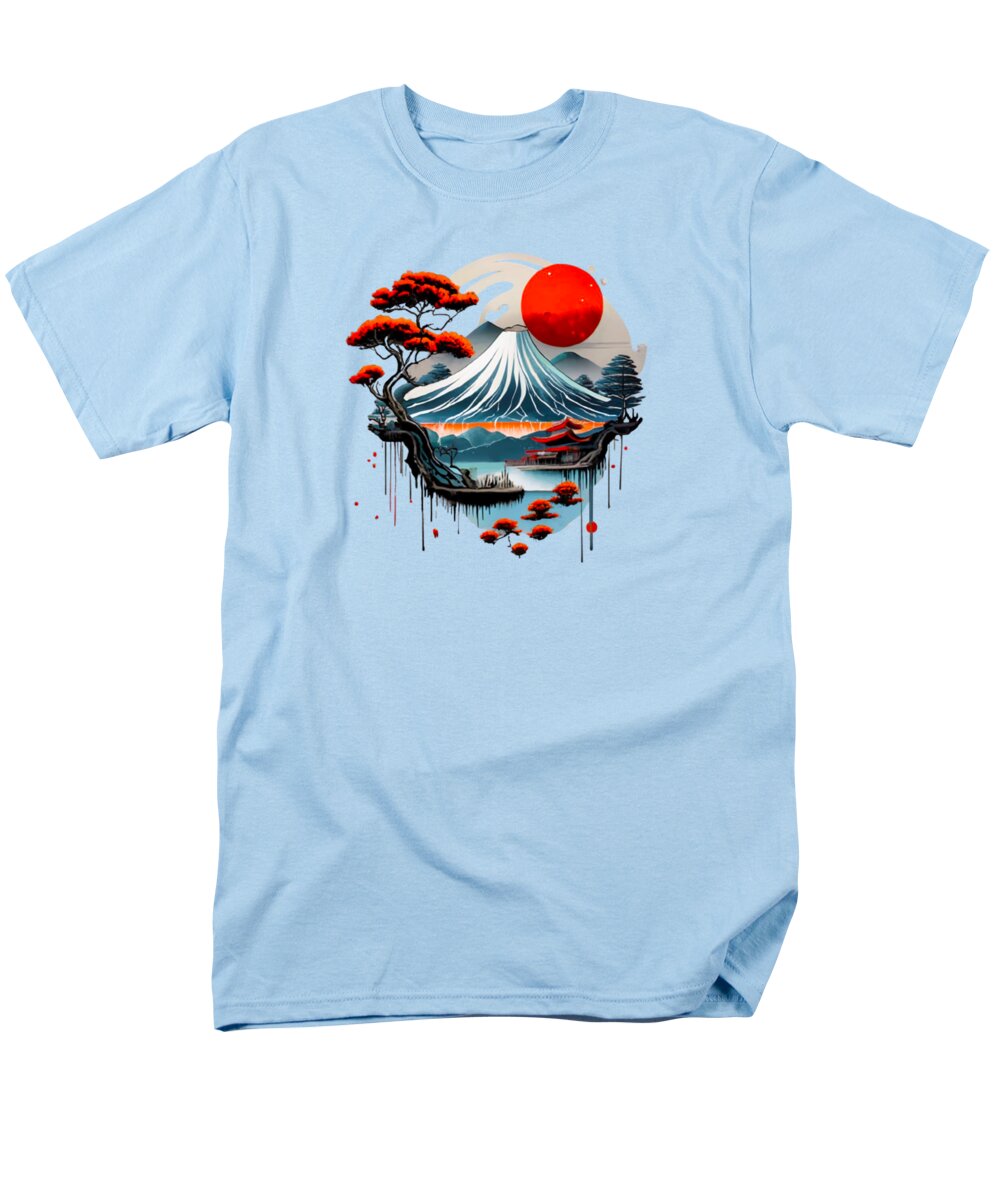 Light blue men's T-shirt with circular Japanese landscape graphic and red sun
