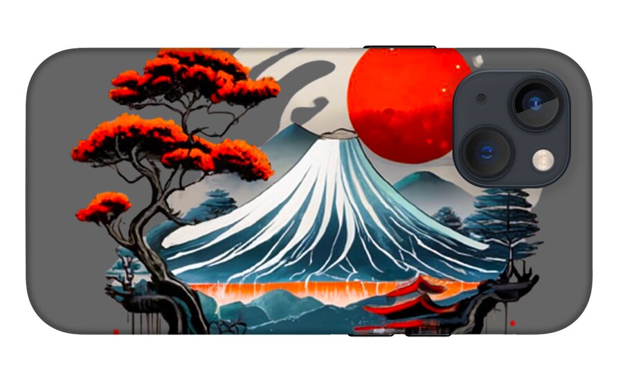 Phone case with Mount Fuji artwork: red sun, white wave mountain, and red-black bonsai trees.