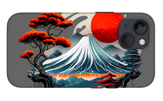Phone case with Mount Fuji artwork: red sun, white wave mountain, and red-black bonsai trees.