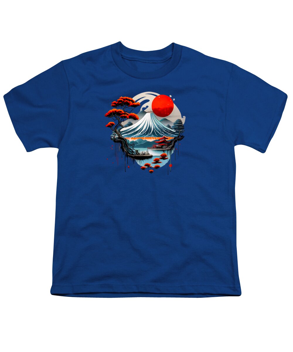 Royal blue youth t-shirt with front graphic of wave and red sun with trees.