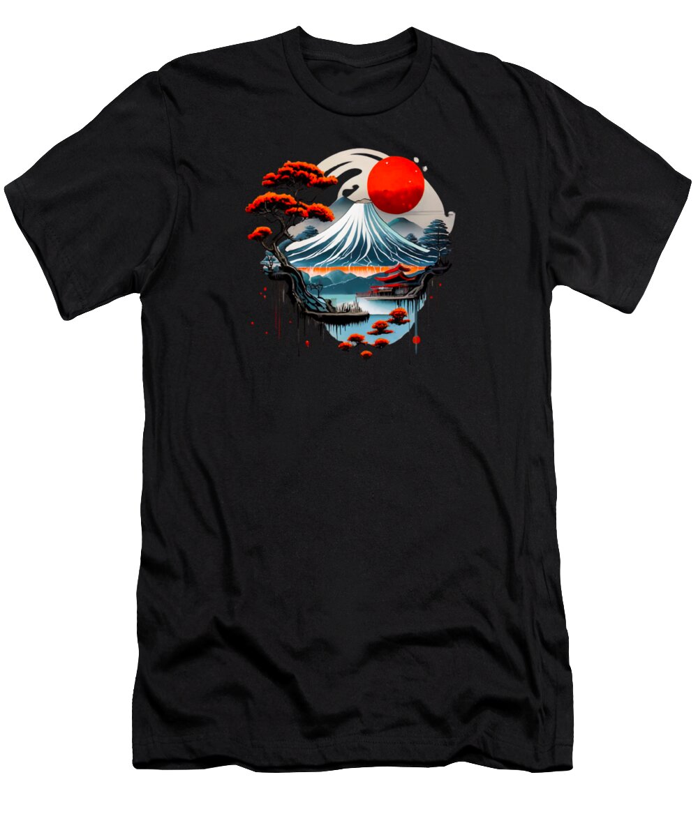 Black T-shirt with Japanese landscape graphic and red sun on front