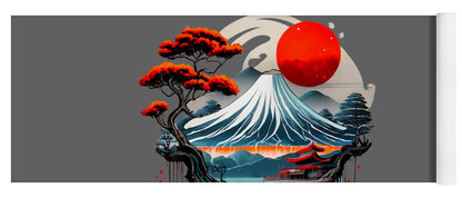 Printed yoga mat with Japanese landscape artwork, red sun over blue waves