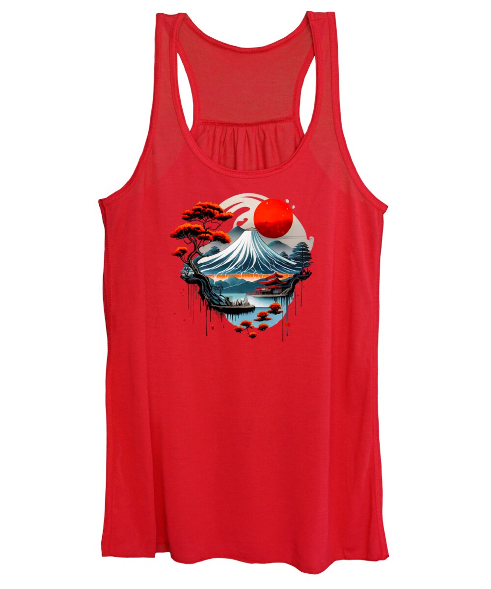 Red women's tank top with Japanese wave and red sun graphic