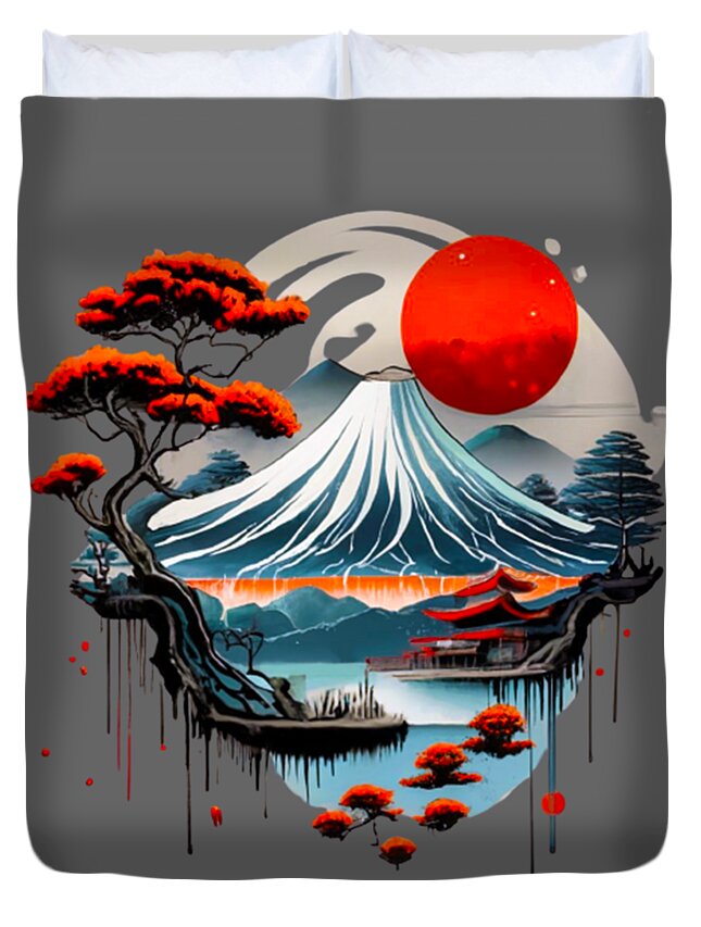 Duvet cover front panel with red sun over Mount Fuji and stylized pine trees