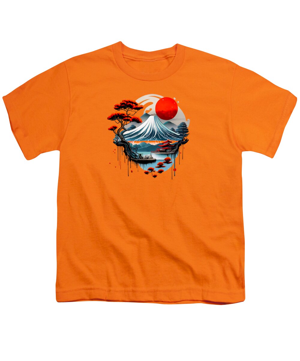 Orange youth t-shirt with front graphic of wave, red sun, and pine tree.