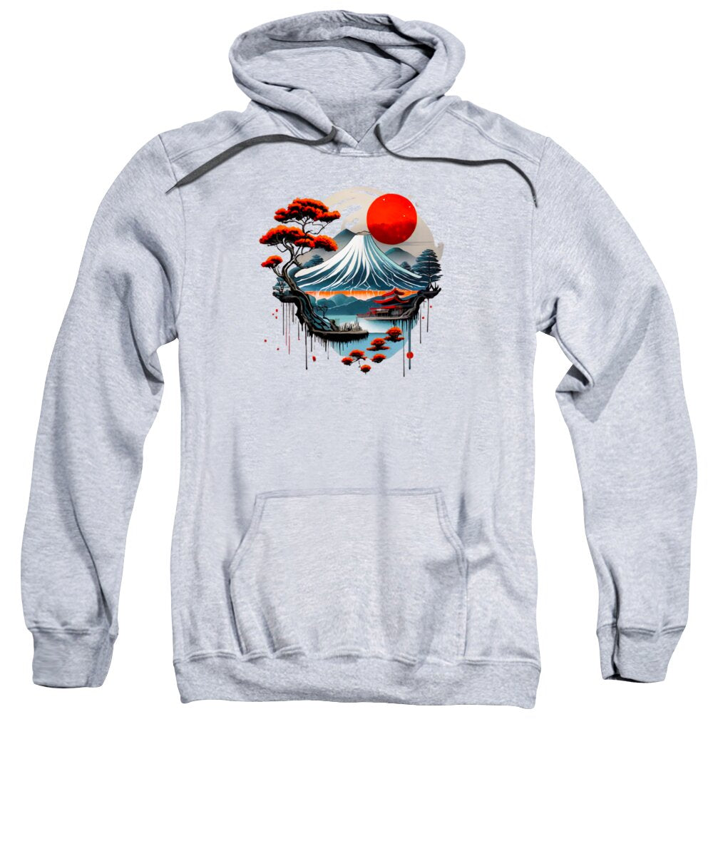 Heather gray hooded sweatshirt with kangaroo pocket; red sun Japanese wave graphic