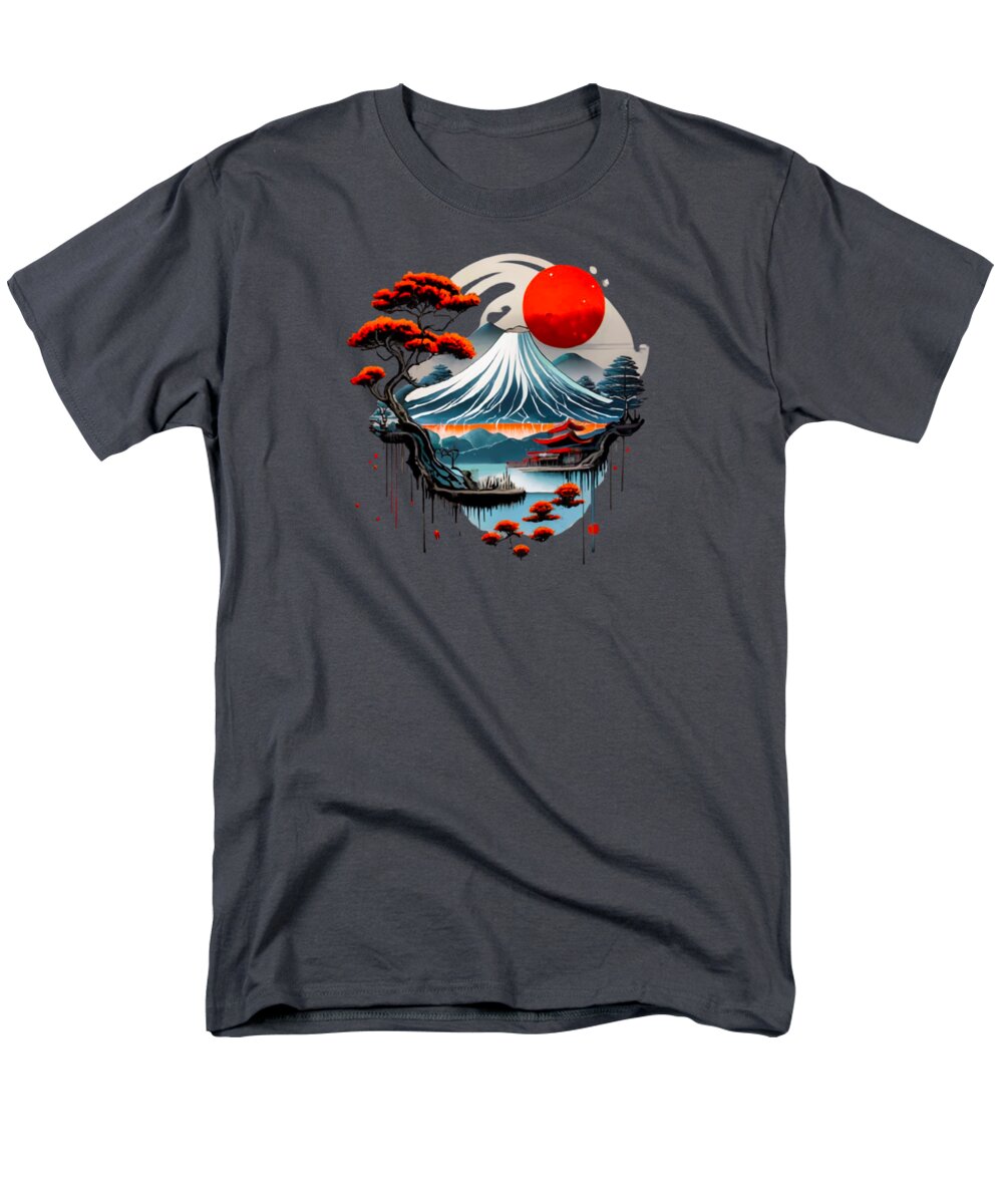 Men's charcoal T-shirt with Japanese mountain and red sun graphic