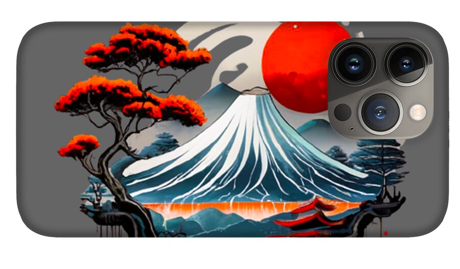 Phone case with Mount Fuji artwork, red sun and white wave mountain; bonsai trees with camera cutout.