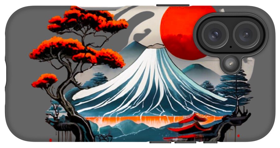 Gray phone case with Mount Fuji artwork, red sun, and pine branches; multi-lens camera cutout.