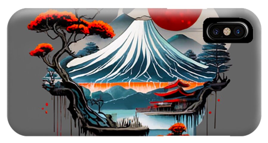 Gray phone case with Mount Fuji waves, red sun, and pine trees; single-lens camera cutout.