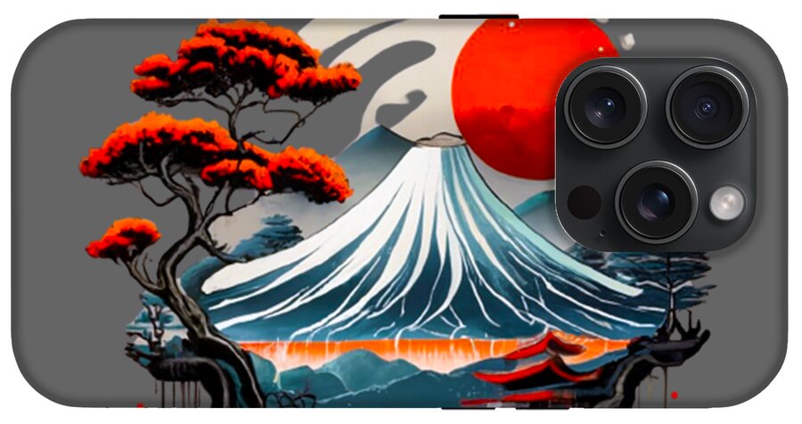 Mount Fuji Japanese landscape phone case with red sun, white waves, and red-blossom trees; multi-lens camera cutout