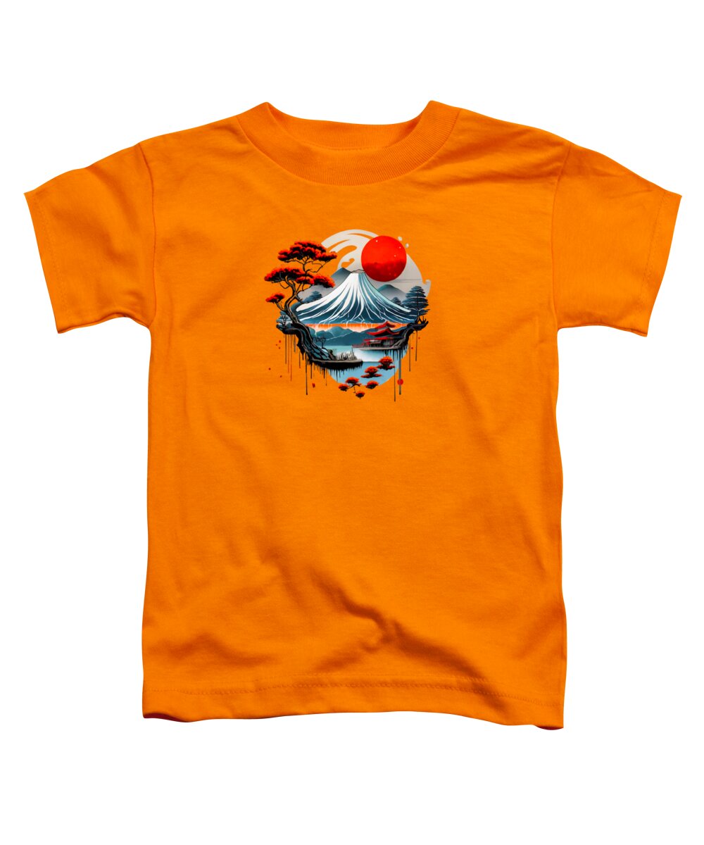Toddler T-shirt, orange, Japanese landscape graphic with red sun and wave design