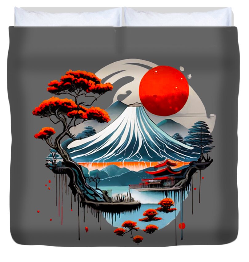 Duvet cover with Mount Fuji, red sun, pine tree, and ocean waves illustration