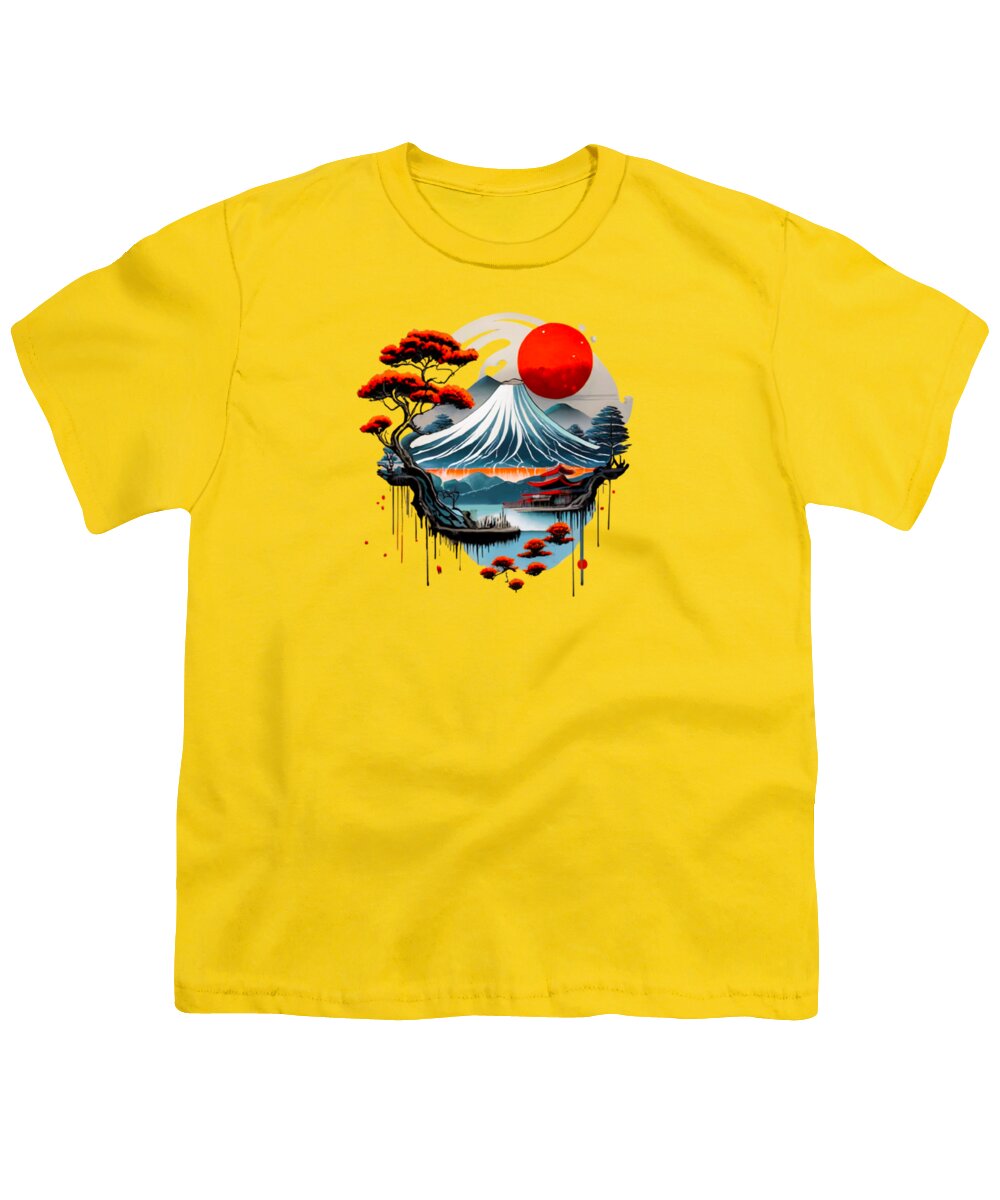 Yellow youth t-shirt with front graphic of wave and red sun with trees.