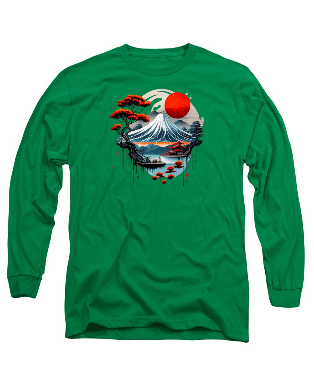 Kelly green long-sleeve T-shirt with Japanese landscape graphic on chest