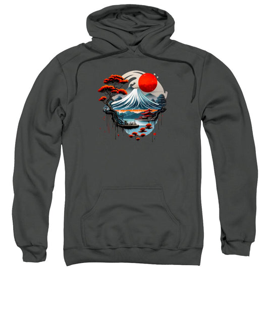 Charcoal hooded sweatshirt with kangaroo pocket; red sun Japanese wave graphic