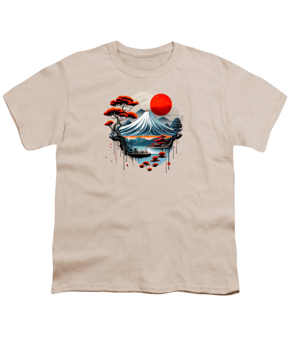 Youth T-shirt in cream with Japanese wave and red sun graphic centered
