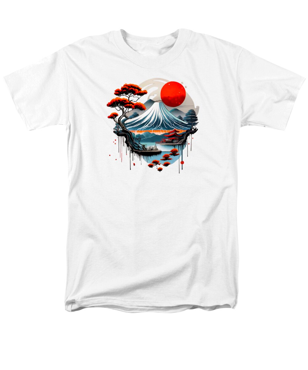 White men's T-shirt with circular Japanese landscape graphic and red sun