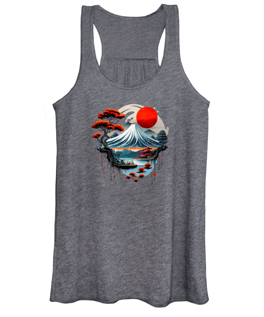 Heather gray women's tank top with Japanese wave and red sun graphic