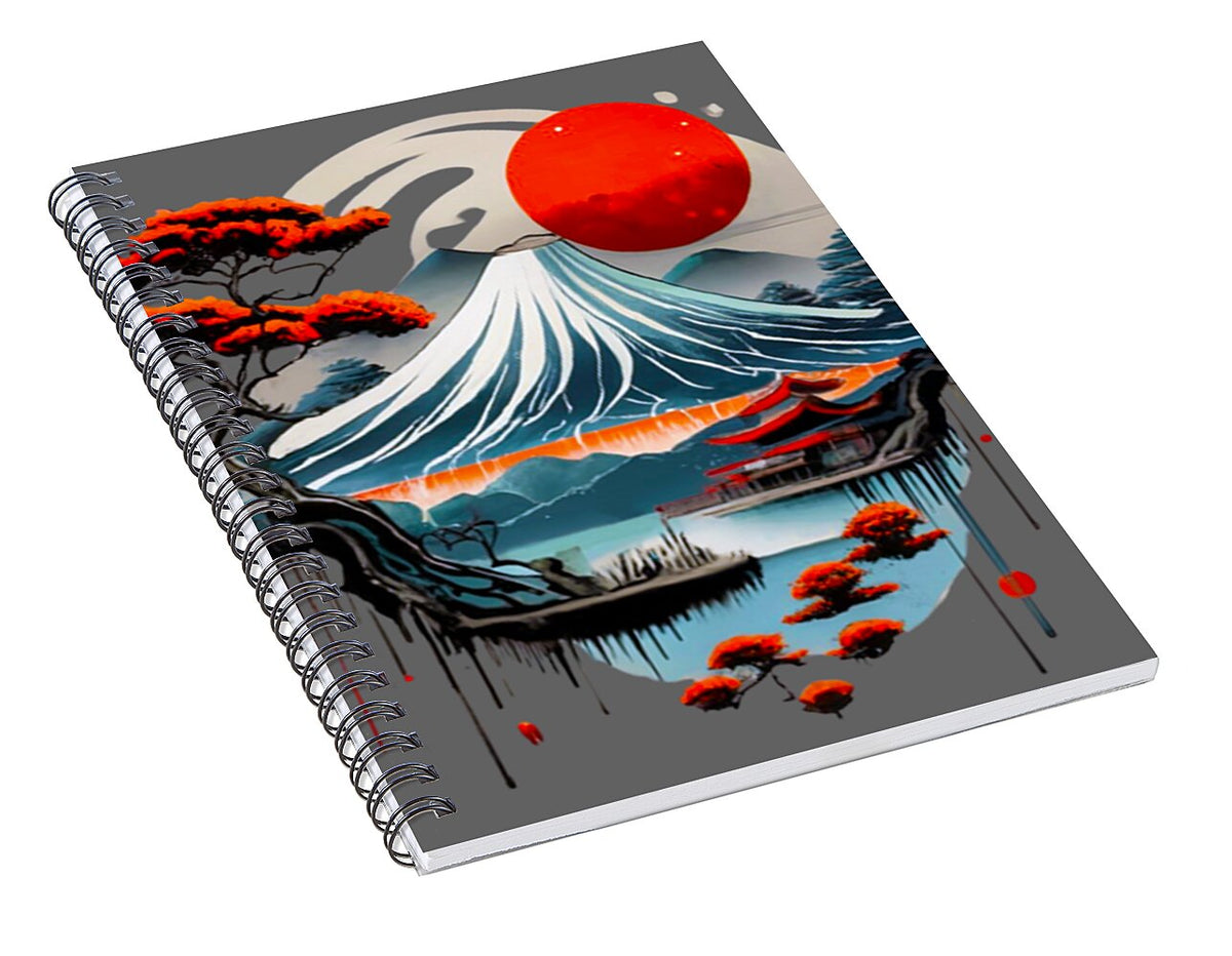 Spiral notebook angled view, red sun and blue waves landscape on cover