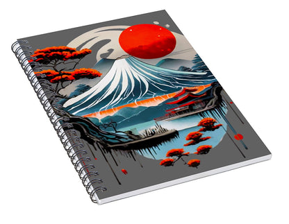 Spiral notebook angled view, red sun and blue waves landscape on cover