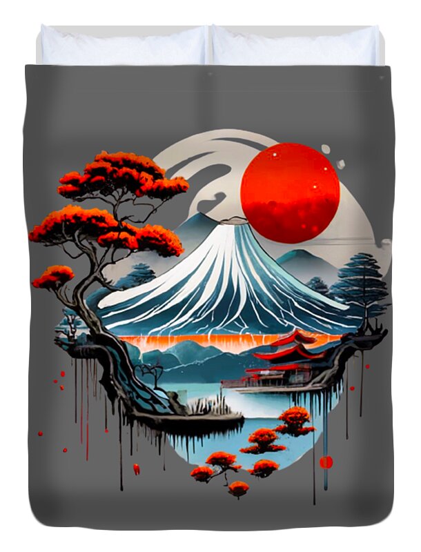 Duvet cover with Mount Fuji wave artwork, red sun, bonsai-style tree, and lanterns