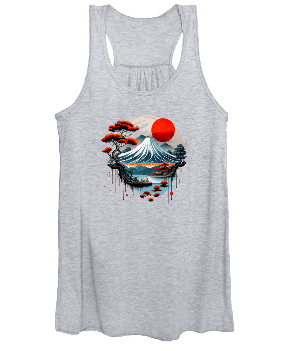Light gray women's tank top with Japanese wave and red sun graphic
