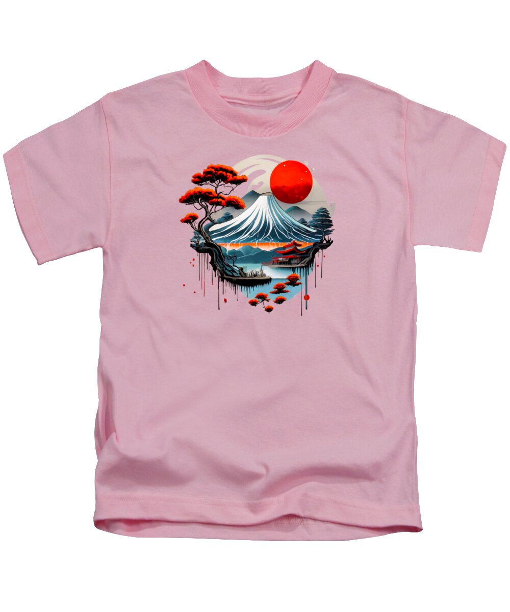 Light pink kids T-shirt with colorful Japanese landscape graphic and red sun