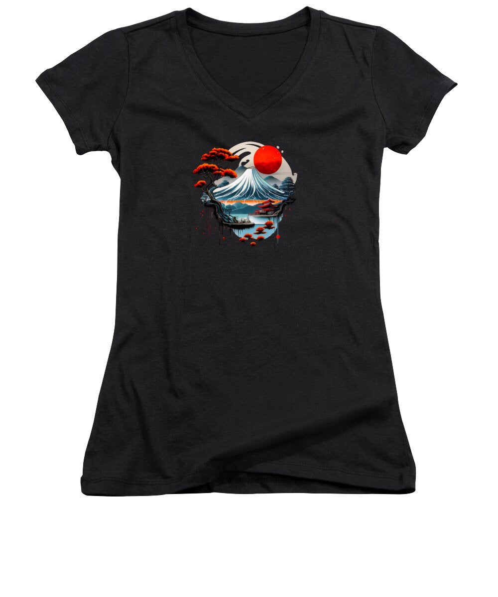 Black women's V-neck T-shirt with front wave-and-mountain graphic