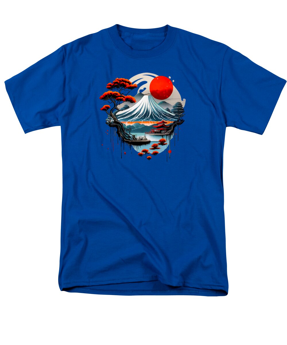 Royal blue men's T-shirt with circular Japanese landscape graphic and red sun