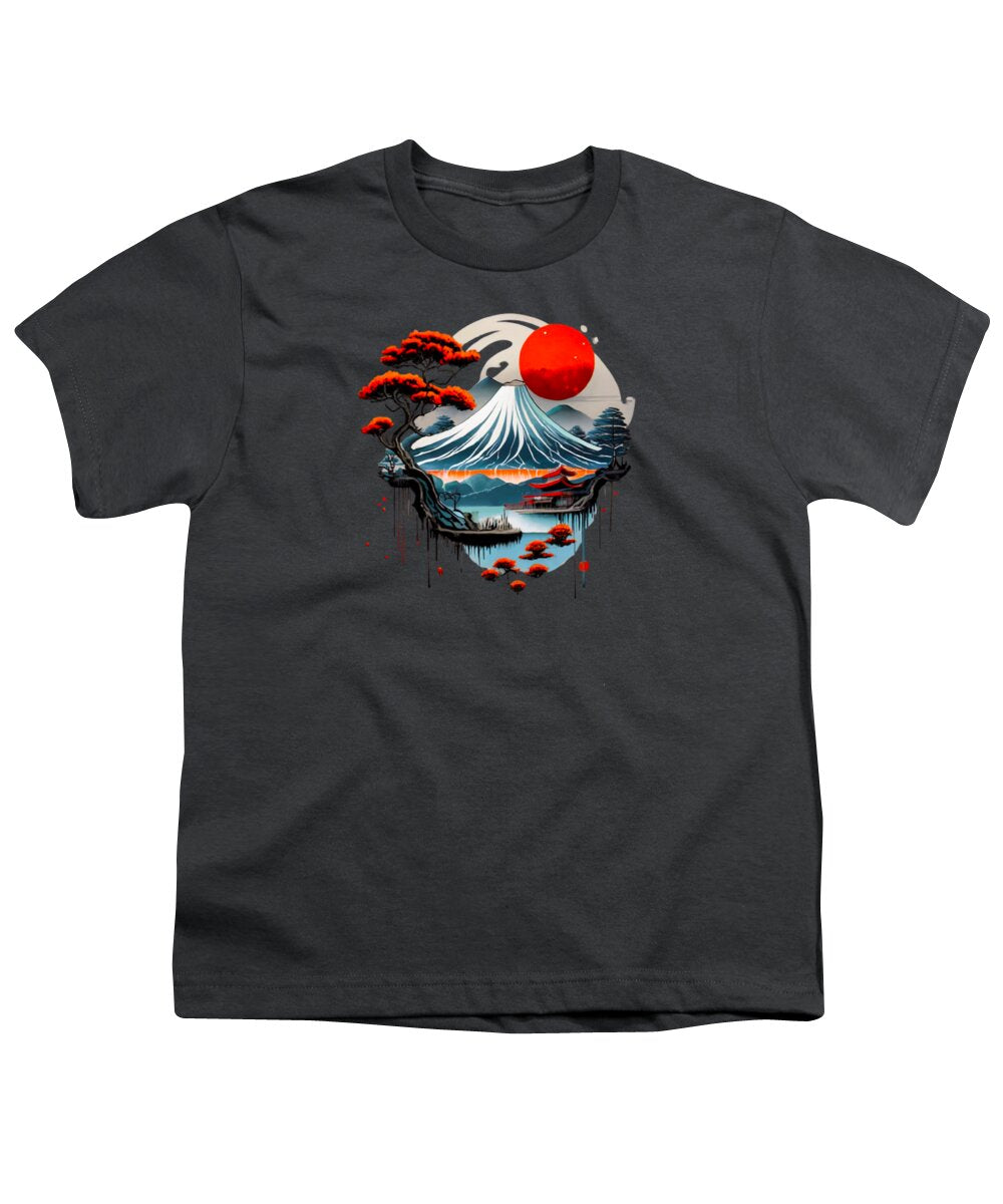 Youth T-shirt in charcoal with Japanese wave and red sun graphic centered