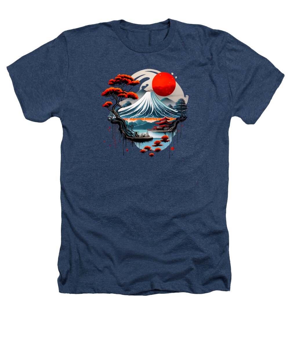 Navy heather t-shirt with Japanese landscape graphic, red sun and waves.