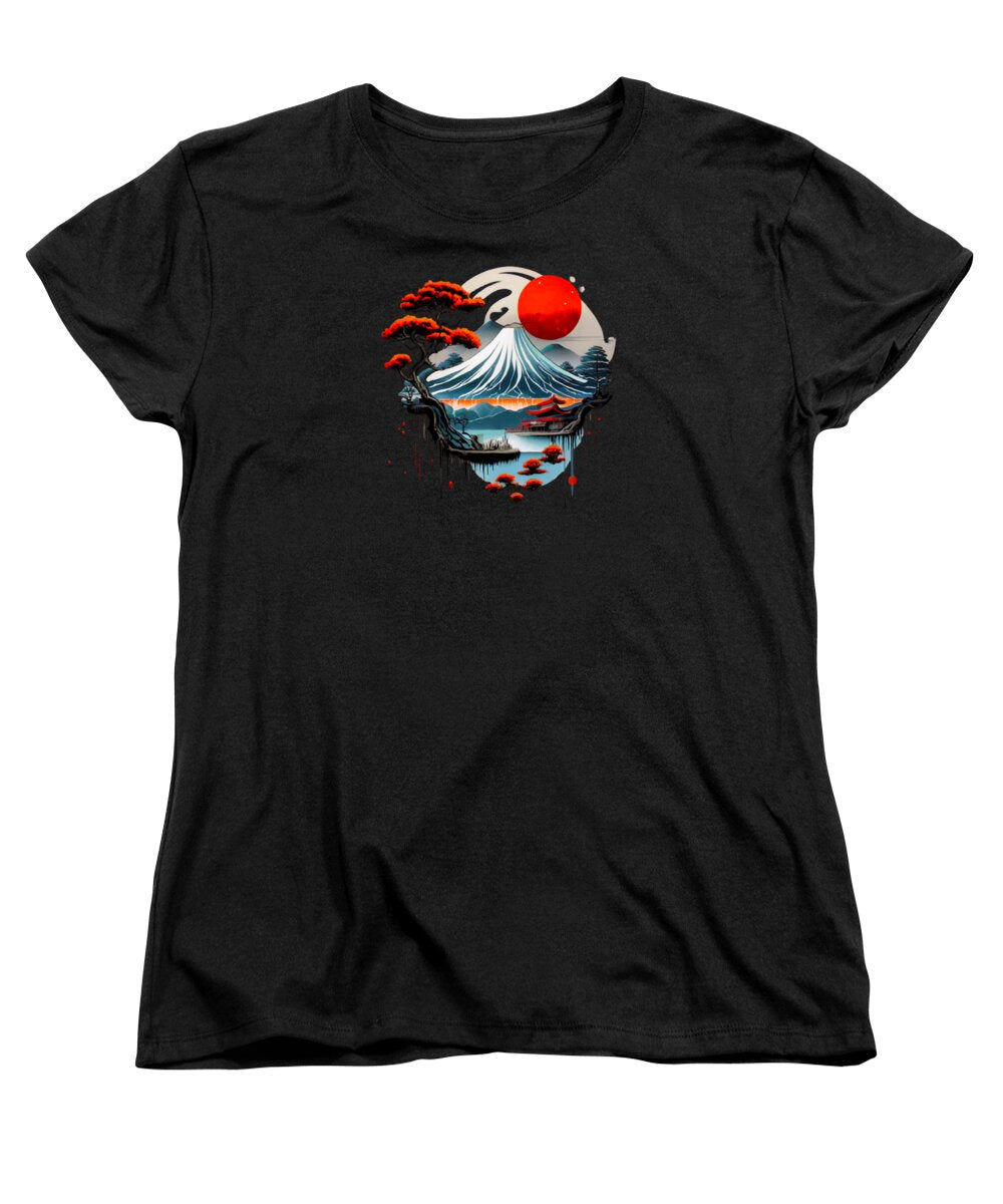 Black women's t-shirt with Japanese mountain graphic and red sun print on front