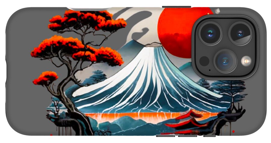 Mount Fuji Japanese landscape phone case with red sun, white wave, and red-canopy trees; camera cutout