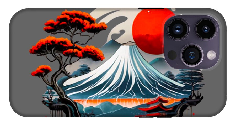 Mount Fuji Japanese landscape phone case, gray back with red sun, wave art, and triple camera cutouts