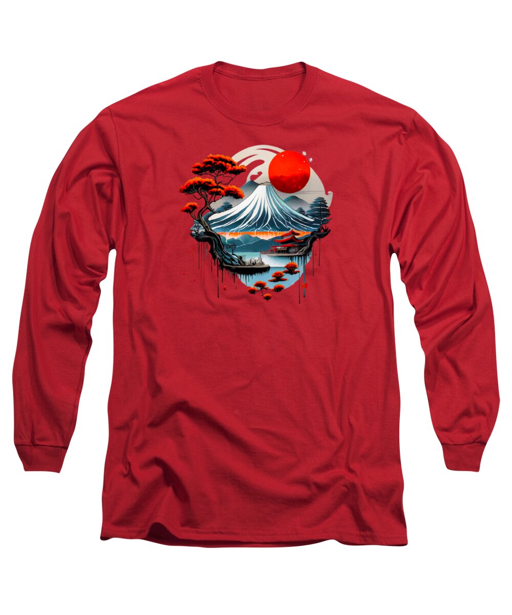 Red long-sleeve T-shirt with Japanese landscape graphic on chest