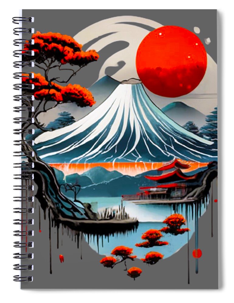 Spiral notebook with red sun and blue waves landscape cover art