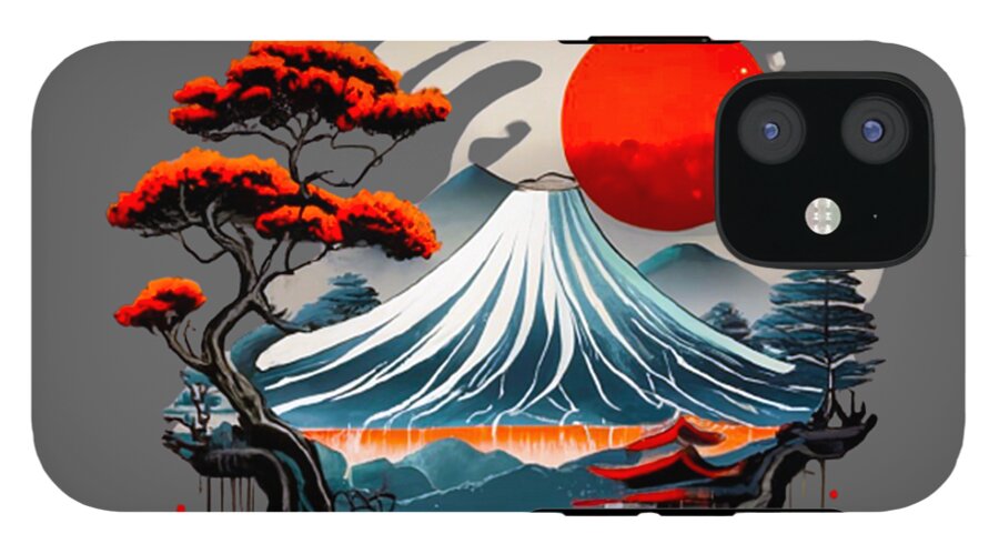 Phone case featuring Mount Fuji scene: red sun, white wave mountain, blue ocean waves, and bonsai trees.