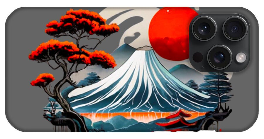 Mount Fuji Japanese landscape phone case with red sun, ocean waves, and red-canopy trees; camera cutout on back