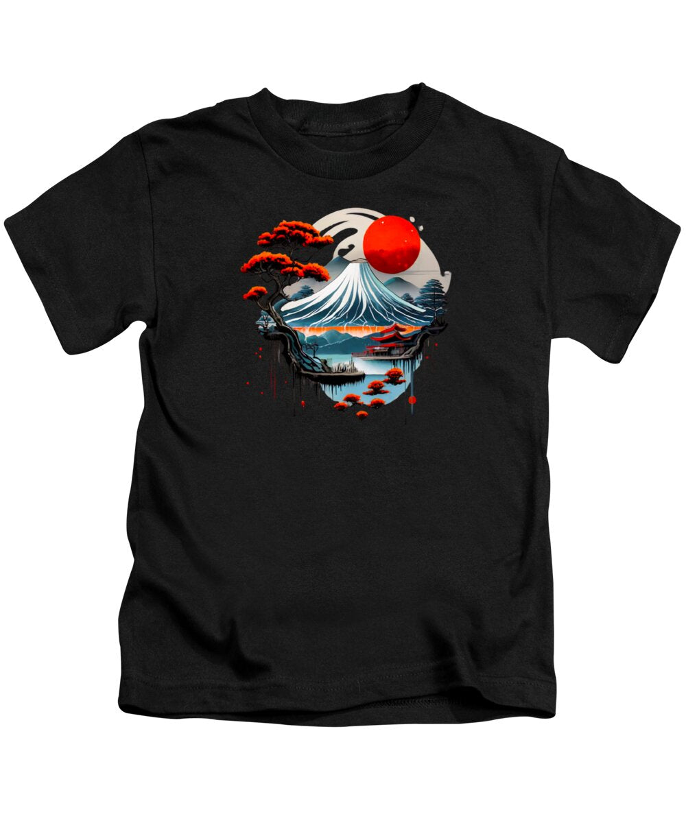 Kids t-shirt in black with Mount Fuji landscape graphic on front