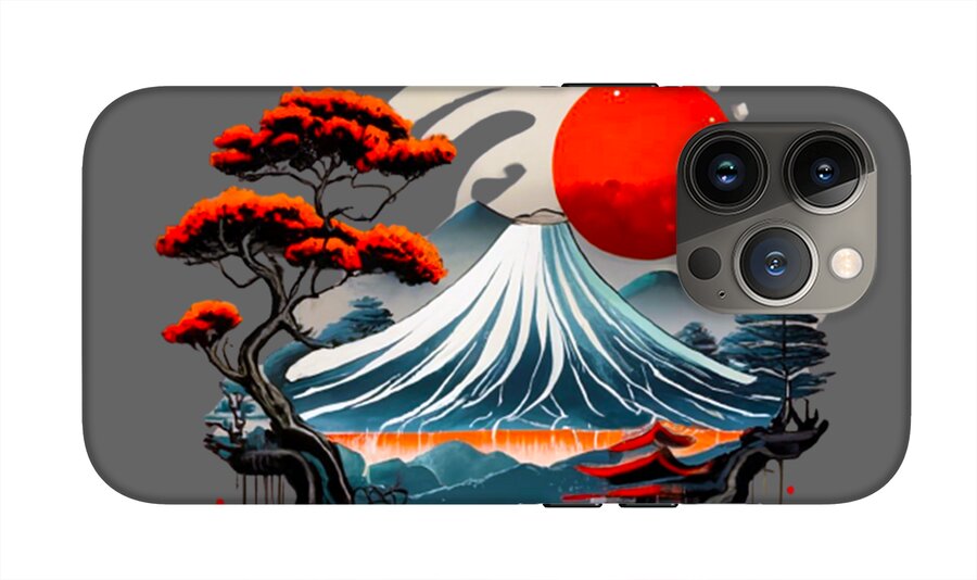 Phone case showing Mount Fuji scene: red sun, white wave mountain, ocean waves, and bonsai trees; camera cutout.