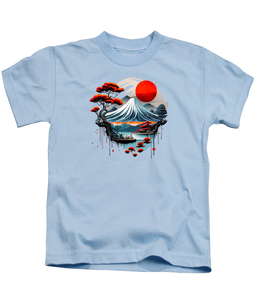 Kids t-shirt in powder blue with Mount Fuji landscape graphic on front