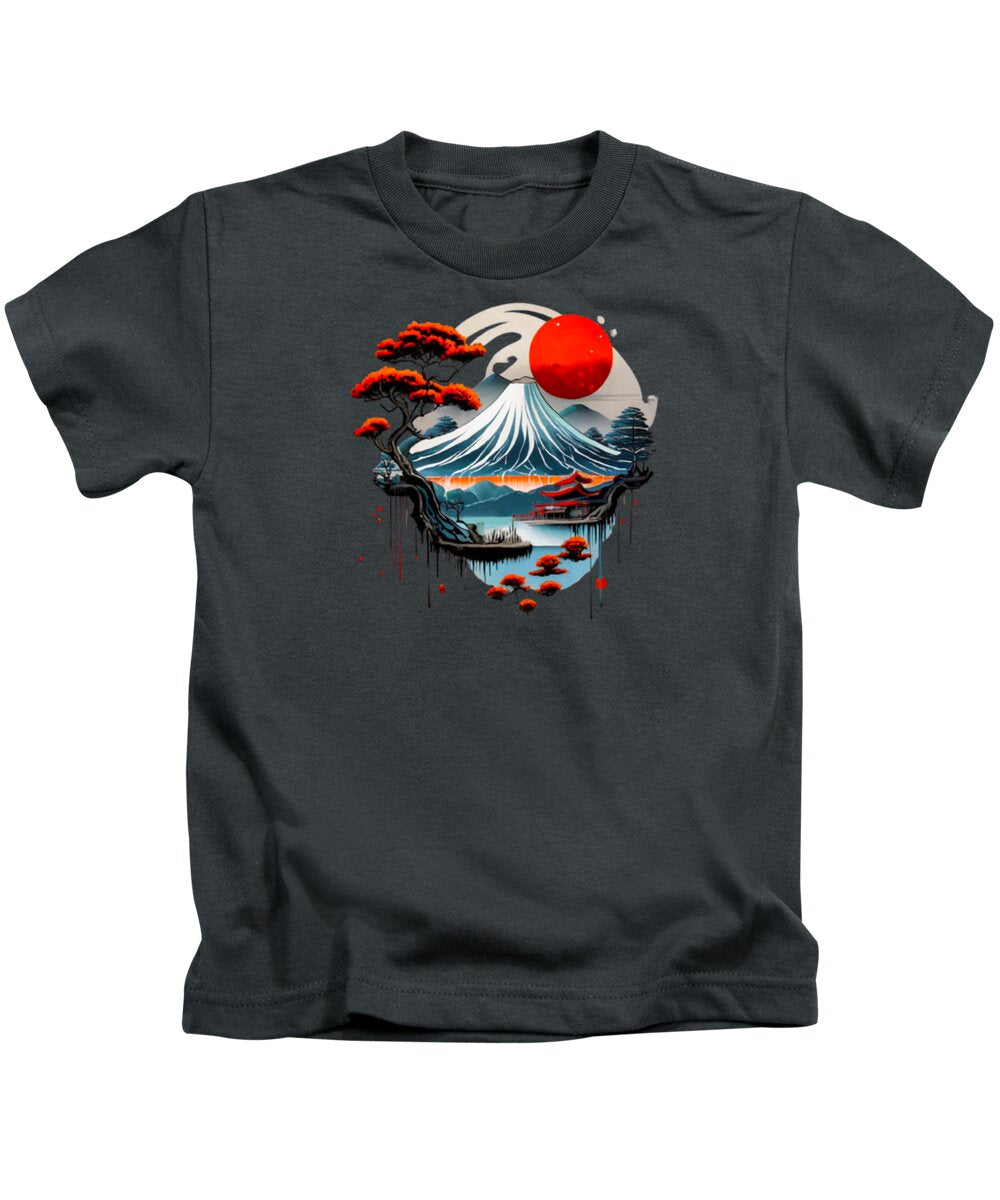 Kids t-shirt in charcoal with Mount Fuji landscape graphic on front