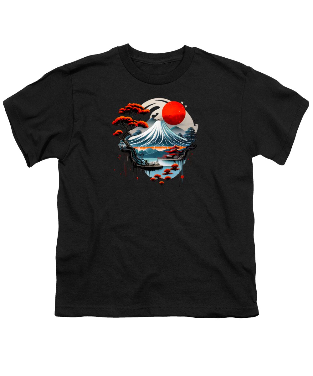 Youth T-shirt in black with Japanese wave and red sun graphic centered