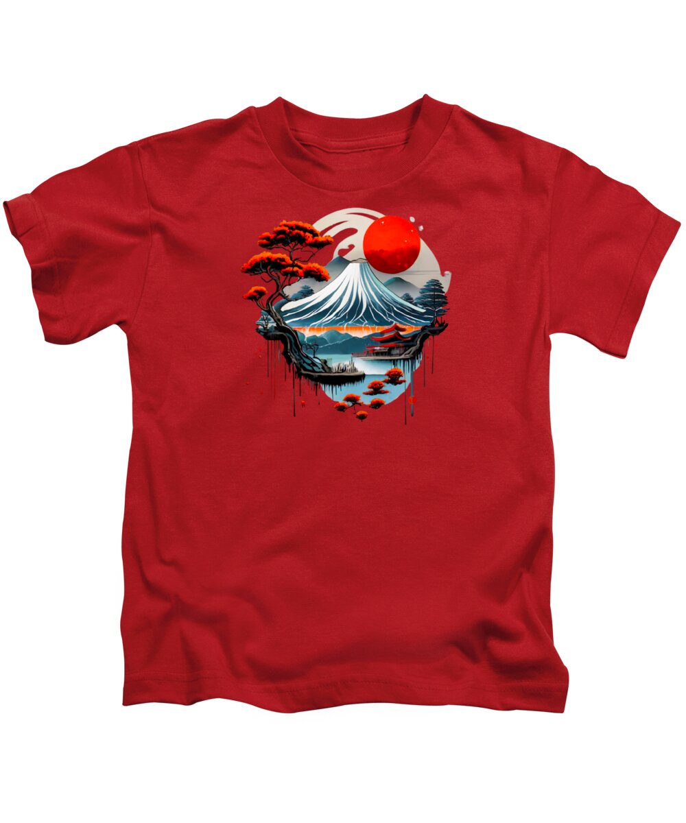 Red kids T-shirt with colorful Japanese landscape graphic and red sun