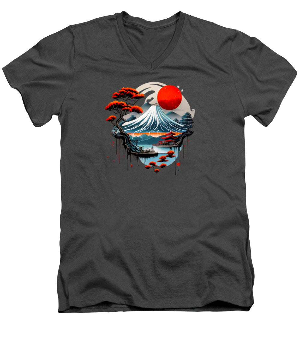 Men's charcoal v-neck T-shirt with Japanese landscape graphic, red sun and waves