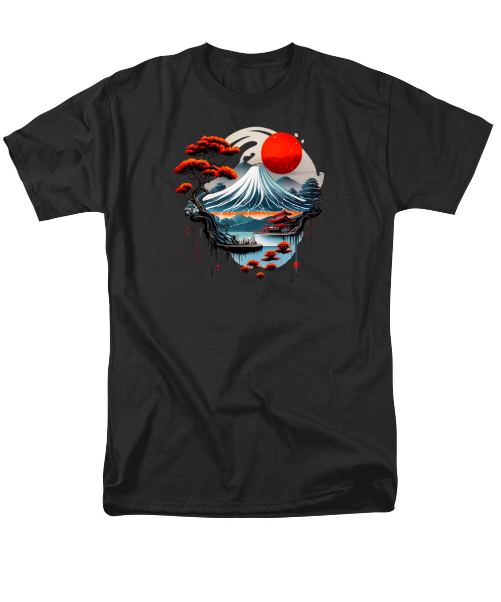 Men's black T-shirt with Japanese mountain and red sun graphic