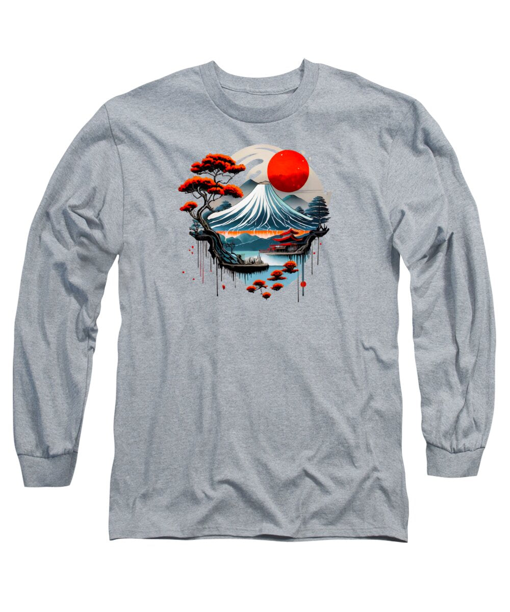 Heather gray long-sleeve T-shirt with Japanese landscape graphic on chest