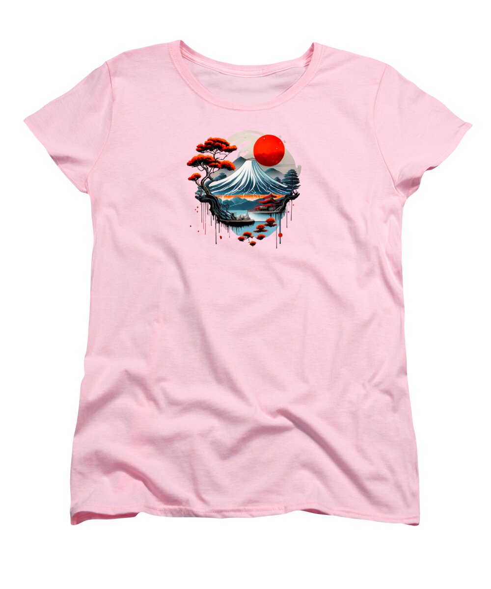 Pink women's t-shirt with Japanese mountain graphic and red sun print at center